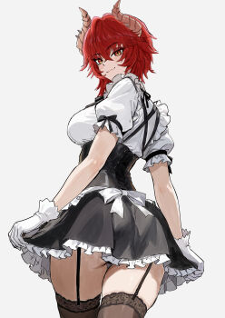 1girl absurdres alternate_costume alternate_hairstyle black_garter_straps black_skirt black_thighhighs breasts closed_mouth dragon_girl dragon_horns eyeliner garter_straps gloves highres horns indie_virtual_youtuber large_breasts looking_at_viewer maid makeup medium_hair meibin red_eyeliner red_hair shirt sideboob skirt smile solo thighhighs virtual_youtuber white_background white_gloves white_shirt yellow_eyes zentreya zentreya_(dragon)