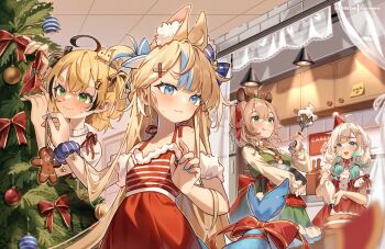 4girls animal_ears black_hair blonde_hair blue_eyes blue_streaks bow cat_ears christmas_tree commentary crossed_bangs detached_sleeves dooby double-parted_bangs dress english_commentary extra_ears fins fish_girl fish_tail flat_chest fur-trimmed_dress fur_trim gingerbread_man gradient_hair green_dress green_eyes green_hair hair_between_eyes hair_ornament hair_ribbon hairclip highres holding holding_whisk indie_virtual_youtuber indoors kuri_(animejpholic) long_hair long_sleeves low_twintails mint_fantome mouse_girl multicolored_hair multiple_girls nimi_nightmare one_side_up pointy_ears puffy_detached_sleeves puffy_short_sleeves puffy_sleeves red_dress ribbon sameko_saba scrunchie short_hair short_sleeves sleeveless sleeveless_dress sleeveless_turtleneck streaked_hair sweater tail tail_bow tail_ornament tapir_ears tapir_girl turtleneck twintails two_side_up very_long_hair virtual_youtuber whisk white_hair white_streaks white_sweater wrist_scrunchie x_hair_ornament