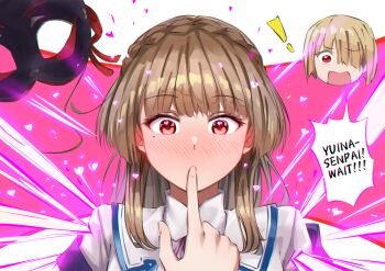 ! !! 2girls absurdres black_mask blonde_hair blunt_bangs blush braid brown_hair chibi chibi_inset covered_mouth crown_braid english_text finger_to_another&#039;s_mouth finger_to_mouth full-face_blush hair_over_one_eye heart heart-shaped_pupils heaven_burns_red highres index_finger_raised kayamori_ruka kiryuu_miya long_hair looking_at_viewer mask medium_hair mole mole_under_eye multiple_girls neck_ribbon nose_blush one_eye_covered open_mouth pink_background pink_ribbon purple_ribbon raito_taisha red_eyes red_ribbon ribbon school_uniform shirakawa_yuina shirt short_hair shushing sidelocks solo_focus speech_bubble spoken_exclamation_mark surprised symbol-shaped_pupils upper_body white_background white_shirt wide-eyed yuri