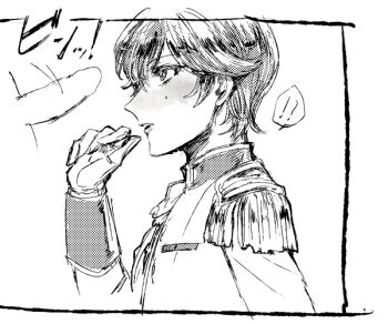 1boy 1girl blush crossdressing crossdressing_(ftm) epaulettes erection hair_between_eyes hetero hiiragi_akira_(valkyrie_drive_-mermaid-) jacket lips long_sleeves looking_at_penis macica military_jacket penis penis_awe penis_on_face red_hair reverse_trap short_hair simple_background valkyrie_drive valkyrie_drive_-mermaid- white_background