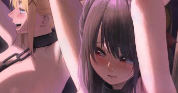 2girls armpits arms_up black_hair blonde_hair blush chain chain_leash collar commentary_request cropped darkness_(konosuba) hair_ornament izawa_(bhive003) kono_subarashii_sekai_ni_shukufuku_wo! leash metal_collar multiple_girls open_mouth paid_reward_available parted_lips profile red_eyes topless_female x_hair_ornament yunyun_(konosuba)