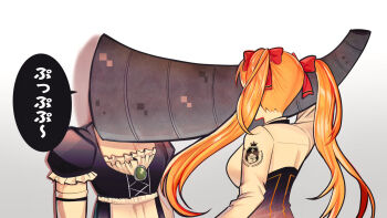 Rule 34 | 1girl, breasts, brooch, crossdressing, crossdressing (mtf), elbow gloves, gloves, hanabatake chaika, hanabatake chaika (1st costume), highres, horn (instrument), jewelry, large breasts, long hair, nijisanji, orange hair, pectoral cleavage, pectorals, puffy short sleeves, puffy sleeves, red ribbon, ribbon, short sleeves, simple background, speech bubble, takamiya rion, takamiya rion (1st costume), touoh, twintails, upper body, very long hair, virtual youtuber, white background