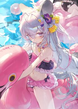Rule 34 | 2girls, angel wings, animal ears, azusa (blue archive), azusa (swimsuit) (blue archive), bead necklace, beads, bikini, bikini skirt, blue archive, bow on wing, crescent halo, feathered wings, flower, food-themed hair ornament, frilled bikini, frills, hair ornament, halo, highres, inflatable flamingo, inflatable toy, jewelry, koharu (blue archive), koharu (swimsuit) (blue archive), kokko (kokko3045), long hair, looking at viewer, multiple girls, necklace, orange hair ornament, pink hair, purple flower, ribbon-trimmed bikini, ribbon-trimmed swimsuit, ribbon trim, sitting, solo focus, strapless, strapless bikini, swimsuit, white wings, wings, yellow halo