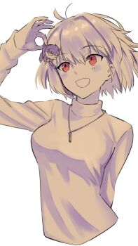 1boy 1girl :d ahoge akaya_shiki antenna_hair arcueid_brunestud arm_behind_back blush breasts commentary_request gakuran glasses hair_between_eyes hair_intakes highres holding holding_mini_person jewelry looking_at_another looking_at_viewer messy_hair mini_person monochrome necklace open_mouth red_eyes school_uniform short_hair sidelocks simple_background size_difference smile souya_high_school_uniform sweat sweater tohno_shiki tsukihime tsukihime_(remake) turtleneck turtleneck_sweater upper_body white_background