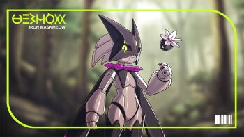 black_thighhighs blurry blurry_background claws cowboy_shot day depth_of_field forest green_eyes hand_up highres jchoy looking_at_viewer mechanization meowscarada nature nintendo no_humans outdoors pokemon pokemon_(creature) robot solo standing thighhighs