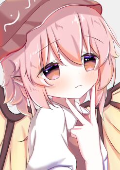 1girl absurdres bird_wings blush brown_hat chinese_commentary commentary haix_(erjj4822) hat highres looking_ahead mystia_lorelei pink_hair shirt solo touhou upper_body v white_shirt wing_ears wings