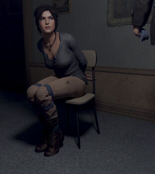 1girl 3d arms_behind_back bdsm bondage bound bound_ankles bound_legs breasts brown_eyes brown_hair chair highres jewelry lara_croft necklace rope sitting skvrwiel tomb_raider