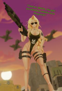 1girl 3d absurdres action_taimanin alternate_costume alternate_hairstyle artist_request beach black_one-piece_swimsuit blender_(medium) blonde_hair breasts breasts_squeezed_together cameltoe censored curvy earrings emily_simmons english_text hair_bun high_ponytail highleg highleg_one-piece_swimsuit highres hoop_earrings jewelry large_breasts looking_at_another one-piece_swimsuit one-piece_tan ponytail sky smile solo standing sunglasses sweat swimsuit taimanin_(series) tan tanline thong_one-piece_swimsuit wide_hips