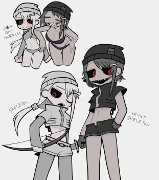 2girls :&lt; asymmetrical_hair beanie black_hat black_panties black_sclera black_shirt black_shorts bone_hair_ornament bow_(weapon) breasts character_name cleavage closed_eyes collarbone colored_sclera crop_top dot_nose earrings facepaint flat_chest grey_panties grey_sleeves grey_thighhighs hair_ornament hand_in_pocket hat highres holding holding_bow_(weapon) holding_sword holding_weapon iiiichimaru_03 jewelry large_breasts long_hair looking_at_viewer minecraft multiple_girls one_eye_closed open_mouth pale_skin panties personification ponytail red_eyes sharp_teeth shirt short_hair shorts skeleton_(minecraft) skinny skull_hair_ornament sweat sword teeth thighhighs underwear weapon white_hat white_shirt white_shorts wither_skeleton_(minecraft)