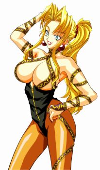 1girl arm_up bad_id bad_pixiv_id blonde_hair blue_eyes breasts brown_pantyhose earrings female_focus grin hand_on_own_hip high_ponytail jewelry large_breasts leotard long_hair mitake830 mitake_2000 pantyhose ponytail ribbon smile sofia sofia_(toushinden) solo tamsoft toushinden