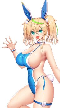1girl absurdres animal_ears aqua_eyes asamura_hiori bare_shoulders blonde_hair blush breasts cleavage fake_animal_ears fake_tail fang gene_(pso2) green_hair hair_between_eyes highres huge_breasts leotard linked_bikini looking_at_viewer monokini multicolored_hair one-piece_swimsuit open_mouth phantasy_star phantasy_star_online_2 playboy_bunny playboy_bunny_swimsuit rabbit_ears sideless_leotard simple_background smile solo streaked_hair swimsuit tail twintails two-tone_hair