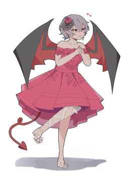 1girl absurdres bat_wings closed_mouth commentary_request demon_tail dress earrings fangs flower grimlisp hair_flower hair_ornament hands_up heart high_heels highres jewelry leg_ribbon necklace off-shoulder_dress off_shoulder own_hands_together pointy_ears purple_hair red_dress red_eyes red_flower red_rose remilia_scarlet ribbon rose shoes short_hair solo tail thigh_ribbon touhou vampire white_shoes wings