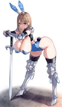 1girl animal_ears armor black_gloves black_thighhighs blue_leotard breasts couter cuisses detached_collar elbow_gloves fake_animal_ears fingerless_gloves gauntlets gloves greaves hand_on_weapon hands_on_hilt highres leaning leaning_on_object leaning_on_weapon leotard mataro_(matarou) original planted planted_sword planted_weapon playboy_bunny poleyn rabbit_ears rabbit_tail sabaton strapless strapless_leotard sword tail thighhighs vambraces weapon