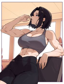 1girl abs absurdres barbell bare_arms bare_shoulders biceps black_hair black_shorts blue_eyes body_freckles border breasts cleavage commentary commentary_request commission cowboy_shot english_commentary freckles grey_sports_bra gym hand_up highres indoors large_breasts looking_to_the_side midriff muscular muscular_female navel nokaa_aru original outside_border parted_lips profile reclining short_hair shorts solo sports_bra sweat twitter_username white_border