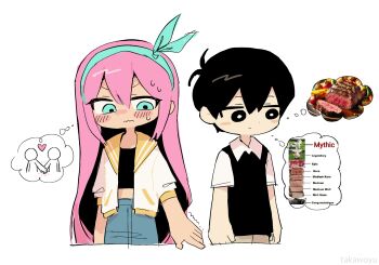 1boy 1girl aubrey_(faraway)_(omori) aubrey_(omori) black_eyes black_hair black_sweater_vest blue_eyes blue_hairband blue_skirt blush bow_hairband bright_pupils brown_shorts chibi chibi_only closed_mouth collared_shirt commentary crop_top denim denim_skirt english_commentary hairband highres jacket long_hair looking_at_another omori open_clothes open_jacket pink_hair shirt short_sleeves shorts skirt speech_bubble sunny_(omori) sweat sweater_vest takawoyu thought_bubble wavy_mouth white_background white_jacket white_pupils white_shirt