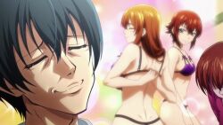 1boy 2girls animated anime_screenshot back black_hair bra breasts brown_eyes brown_hair closed_eyes dimples_of_venus grand_blue highres imagining kitahara_iori kotegawa_chisa kotegawa_nanaka large_breasts long_hair medium_breasts multiple_girls navel panties purple_bra purple_panties short_hair sidelocks smile sound stomach tagme thighs underwear video