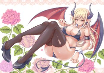 1girl absurdres ass bikini black_bikini black_shoes black_thighhighs blonde_hair blush bracer breasts cleavage closed_mouth demon_girl demon_horns demon_wings flower high_heels highres horns large_breasts leaf long_hair looking_at_viewer original pointy_ears purple_eyes revision rose shoes smile solo swimsuit tail tan thighhighs thighs tong_shui torn_clothes torn_thighhighs white_background wings