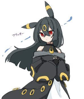 1girl animal_ears ayaka_488 black_gloves black_hair black_jacket black_shirt character_name cloud commentary_request cowboy_shot crossed_bangs double-parted_bangs expressionless floating_hair gen_2_pokemon gloves gold_ring grey_trim hair_between_eyes hair_ornament highres jacket jewelry long_hair long_sleeves nintendo off-shoulder_jacket off_shoulder own_hands_together pendant personification pokemon puffy_long_sleeves puffy_sleeves red_eyes ring_hair_ornament shirt simple_background skirt sleeveless sleeveless_shirt solo umbreon white_background white_skirt