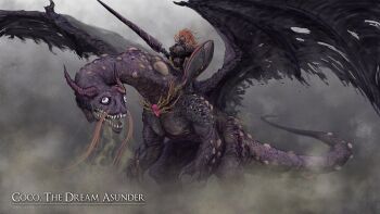 1girl armor baloolax character_name commentary cosplay dark_souls_(series) dark_souls_iii dragon riding_dragon english_commentary english_text fog full_armor helmet highres holding holding_polearm holding_shield holding_weapon hololive horror_(theme) kiryu_coco lance nameless_king nameless_king_(cosplay) parody polearm shield solo virtual_youtuber weapon wide_shot