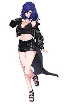 1girl a888_n22 absurdres alternate_costume arm_at_side arm_up belt belted_skirt black_belt black_shoes black_skirt blue_eyes blue_hair blush breasts cetacean_tail choker closed_mouth commentary_request commission cropped_jacket fingernails fins fish_tail full_body grey_background hair_between_eyes highres jewelry kemono_friends kemono_friends_3 large_breasts looking_at_viewer medium_hair microskirt midriff navel necklace pendant pixiv_commission shoes simple_background skirt smile solo sperm_whale_(kemono_friends) spread_fingers standing standing_on_one_leg stomach tail toenails toes variant_set