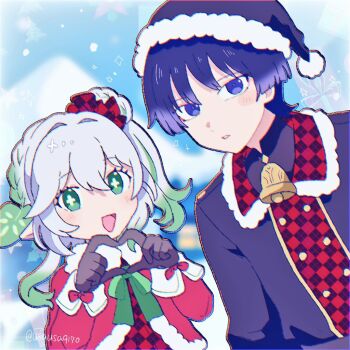1boy 1girl alternate_costume arm_at_side asymmetrical_sidelocks bell black_gloves black_jacket black_shirt black_sleeves blue_background blunt_ends blush bow bowtie box bright_pupils checkered_clothes checkered_collar checkered_scrunchie checkered_shirt christmas_tree_print colored_tips cross-shaped_pupils detached_collar four-finger_heart_hands fur-trimmed_collar fur-trimmed_headwear fur-trimmed_jacket fur_trim genshin_impact gift gift_box gloves green_bow green_bowtie green_eyes green_hair hair_intakes hair_ornament hair_scrunchie half_crown_braid hat heart heart_hands height_difference jacket leaf leaf_hair_ornament light_blush long_hair long_sleeves looking_at_viewer mandarin_collar multicolored_hair nahida_(genshin_impact) neck_bell open_mouth pointy_ears pom_pom_(clothes) purple_eyes purple_hair purple_hat purple_pupils red_bow red_jacket red_shirt red_sleeves santa_costume santa_hat scaramouche_(genshin_impact) scrunchie shirt side_ponytail sidelocks sleeve_bow streaked_hair symbol-shaped_pupils tareme tsurime twitter_username undershirt usausa9170 white_hair white_mouth white_pupils wispy_bangs