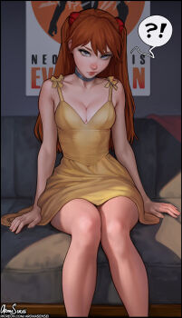 !? 1girl absurdres aroma_sensei bare_legs between_legs blue_eyes breasts breasts_out brown_hair choker dress expressionless female_focus hand_between_legs highres knees_together_feet_apart lips looking_at_viewer neon_genesis_evangelion no_bra sitting small_breasts solo souryuu_asuka_langley speech_bubble sundress thick_lips twintails wide_hips yellow_dress