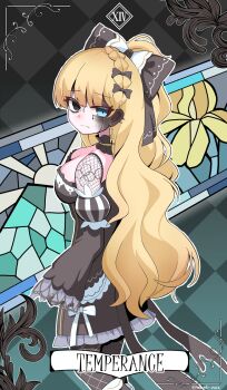 1girl aqua_eyes black_bow black_dress black_eyes black_tears blonde_hair bow breasts commentary cracked_skin cross cross_earrings dark_skin dress ear_piercing earrings frown gothic_lolita heterochromia highres jewelry lolita_fashion long_hair looking_at_viewer looking_back magical_girl mahou_shoujo_no_majo_saiban medium_breasts mononobe_nekuro mosaic_pattern piercing saeki_miria solo stained_glass tarot temperance_(tarot) very_long_hair witch_(manosaba)