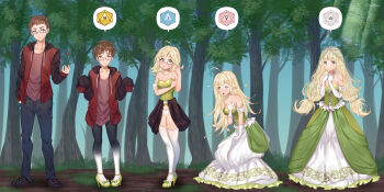 1boy 1girl ahoge black_shoes blonde_hair blush breasts brown_eyes brown_hair chadtow cleavage commentary denim dice dress elbow_gloves english_commentary forest genderswap genderswap_(mtf) glasses gloves green_dress green_eyes highres jeans jewelry long_hair low_twintails medium_breasts nature one_eye_closed open_mouth original outdoors pants pendant pointy_ears polyhedral_dice red_shirt red_sweater sequential shirt shoes sweater tiara transformation transforming_clothes twintails veil venus_symbol white_gloves