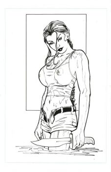 belt breasts cleavage grin knife lara_croft large_breasts long_hair midriff monochrome navel nipples ponytail pubic_hair short_shorts shorts simple_background smile smirk solo standing tank_top tomb_raider water weapon wet