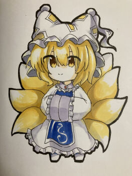 Rule 34 | 1girl, absurdres, animal hat, blonde hair, blue tabard, chibi, chibi only, closed mouth, commentary request, dress, fox tail, full body, hands in opposite sleeves, hat, highres, kitsune, looking at viewer, marker (medium), medium hair, mob cap, moyashiou, multiple tails, smile, solo, tabard, tail, touhou, traditional media, white dress, yakumo ran, yellow eyes