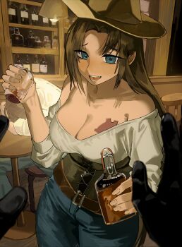 1girl alcohol blue_eyes breasts brown_hair chest_tattoo cleavage cowboy cowboy_hat cowboy_shot cowboy_western cowgirl_(western) cup denim drinking_glass gloves hat highres holding holding_cup jeans large_breasts limbus_company long_hair looking_at_viewer open_mouth pants pov project_moon rodion_(project_moon) shirt smile solo_focus tattoo western whiskey white_shirt yongsadragon