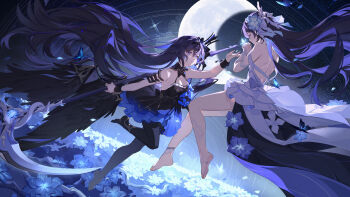 Rule 34 | 2girls, absurdres, back, bare legs, bare shoulders, barefoot, black dress, black pantyhose, blue butterfly, blue eyes, breasts, bug, butterfly, chinese commentary, cleavage, closed eyes, commentary request, crescent moon, dress, field, floating hair, flower, flower field, hair between eyes, hair flower, hair ornament, hair spread out, highres, holding, holding scythe, honkai (series), honkai impact 3rd, insect, long hair, looking at another, luanjingajing, medium breasts, moon, multiple girls, official alternate costume, pantyhose, scythe, seele vollerei, seele vollerei (eternal night's embrace), seele vollerei (herrscher of rebirth), short dress, sky, star (sky), starry sky, very long hair, white dress