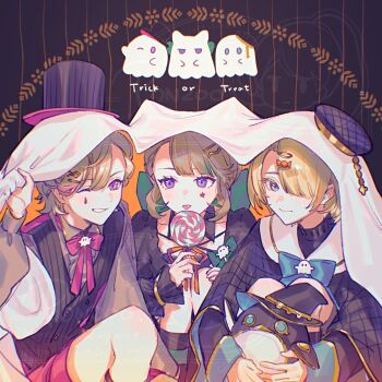 1girl 2boys alternate_costume animal_ears beret black_dress blonde_hair blue_eyes blue_ribbon candy cat_ears cat_girl dress facial_mark food genshin_impact ghost green_ribbon hair_over_one_eye hand_up hat highres lollipop lynette_(genshin_impact) lyney_(genshin_impact) multiple_boys one_eye_closed pers_(genshin_impact) pon2oo purple_eyes red_ribbon ribbon sailor_collar short_hair sitting smile star_(symbol) star_facial_mark teardrop_facial_mark tongue tongue_out top_hat trick_or_treat