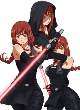 1girl absurdres black_gloves black_pants black_robe black_shirt black_sleeves braid braided_ponytail chainsaw_man detached_sleeves energy_sword fingerless_gloves gloves highres hood hood_up hooded_robe lightsaber long_hair makima_(chainsaw_man) multiple_views pants pluvion red_hair red_lightsaber robe shirt sidelocks simple_background sith star_wars sword weapon white_background yellow_eyes