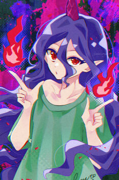 Rule 34 | 1girl, :o, collarbone, commentary request, double l, fire, green shirt, hair between eyes, highres, horns, katsuragi atori, l hand, long hair, long hair between eyes, looking at viewer, parted lips, pointy ears, purple hair, purple horns, pyrokinesis, red eyes, shirt, short sleeves, single bare shoulder, single horn, single off shoulder, solo, splatter background, t-shirt, tenkajin chiyari, touhou, twitter username, very long hair