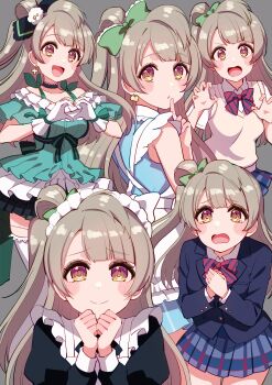 1girl absurdres ahoge birthday blush breasts commentary cream_(nipakupa) earrings gloves grey_background grey_hair highres jewelry kira-kira_sensation! long_hair long_sleeves looking_at_viewer love_live! love_live!_school_idol_project maid maid_headdress medium_breasts minami_kotori multiple_views one_side_up otonokizaka_school_uniform school_uniform short_sleeves upper_body yellow_eyes