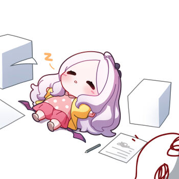 1boy 1girl ahoge blue_archive blush chibi commentary_request demon_horns demon_wings doodle_sensei_(blue_archive) highres hina_(blue_archive) horns jacket korean_commentary looking_at_another low_wings lying notice_lines on_back outstretched_arms paper_stack parted_bangs pencil pink_shirt pink_skirt polka_dot polka_dot_shirt sensei_(blue_archive) shirt skirt sleeping slippers uz_(uzru0428) wings yellow_jacket