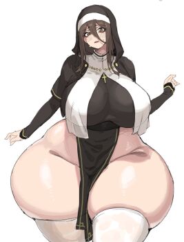 1girl black_dress black_sleeves blush breasts brown_eyes coif cross cross_necklace dress habit hair_between_eyes jewelry large_breasts long_hair necklace no_panties nun open_mouth original pelvic_curtain plump sidelocks skindentation solo standing sweat thick_thighs thighhighs thighs white_background white_thighhighs wide_hips wimple xiangzi_box