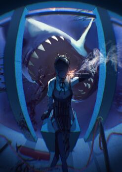 1girl absurdres apron aquarium beam_(chainsaw_man) black_apron black_gloves black_ribbon black_thighhighs bomb_devil_(chainsaw_man) chainsaw_man collared_shirt commentary_request elbow_gloves fire_extinguisher gloves hand_up highres kuromakigaeru neck_ribbon revision reze_(chainsaw_man) ribbon shark sharp_teeth shirt sitting smoke solo teeth thighhighs white_shirt