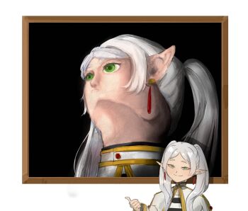 1girl azura_(azuart0) capelet commentary earrings elf english_commentary frieren gold_trim green_eyes grey_hair hair_over_shoulder head_back highres jewelry long_pointy_ears long_sleeves looking_at_viewer looking_up meme painting_(object) parted_bangs pointy_ears simple_background smile solo sousou_no_frieren teardrop_earrings thick_eyebrows twintails upper_body upward_angle_frieren_drawing_(meme) white_background white_capelet