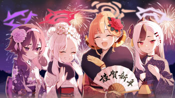 Rule 34 | 4girls, :d, ^ ^, absurdres, aerial fireworks, aru (blue archive), aru (new year) (blue archive), backlighting, bag, black choker, black flower, black hair, black kimono, blue archive, blunt bangs, blush, bright pupils, cherry blossom print, chinese commentary, choker, closed eyes, closed mouth, collarbone, commentary request, demon girl, demon horns, fireworks, floral print, floral print kimono, flower, folding fan, frilled kimono, frilled sleeves, frills, fur-trimmed kimono, fur trim, furrowed brow, gloves, grey halo, grin, hair behind ear, hair between eyes, hair bun, hair flower, hair intakes, hair ornament, hairband, hairclip, halo, hand fan, hands up, happy, haruka (blue archive), haruka (new year) (blue archive), highres, holding, holding bag, holding fan, horns, irain, japanese clothes, kanzashi, kayoko (blue archive), kayoko (new year) (blue archive), kimono, leaf hair ornament, long hair, long sleeves, looking at viewer, mole, mole on collarbone, multicolored hair, multiple girls, mutsuki (blue archive), mutsuki (new year) (blue archive), night, official alternate costume, official alternate hairstyle, open mouth, outdoors, parallel hairclips, pink flower, pink halo, print kimono, problem solver 68 (blue archive), purple eyes, purple hair, purple halo, purple kimono, red eyes, red flower, red halo, red kimono, short hair with long locks, side-by-side, sidelocks, single hair bun, smile, sparkle, split mouth, straight hair, thick eyebrows, tsurime, two-tone hair, upper body, v-shaped eyebrows, white flower, white hair, white hairband, white kimono, white pupils, wide sleeves, yellow gloves