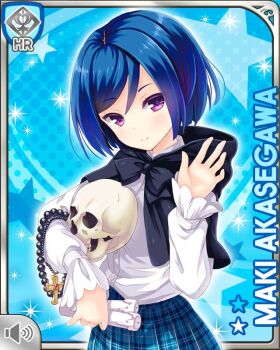 Rule 34 | 1girl, akasegawa maki, beads, black cloak, blue background, blue hair, blue skirt, candle, card (medium), character name, cloak, frilled shirt, frills, girlfriend (kari), holding, holding candle, hood, looking at viewer, official art, plaid clothes, plaid skirt, pleated skirt, prayer beads, purple eyes, qp:flapper, school uniform, shirt, skirt, skull, smile, solo, white shirt