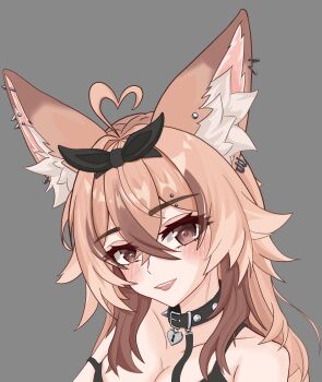 1girl absurdres ahoge animal_ear_fluff animal_ear_piercing animal_ears anti-eyebrow_piercing bare_shoulders belt_collar black_bow black_collar blush bow breasts brown_eyes brown_hair cleavage collar commentary crossed_bangs double-parted_bangs effinfox english_commentary face_piercing fang fennec_fox fox_ears fox_girl grey_background hair_between_eyes hair_bow heart heart-shaped_lock heart_ahoge highres indie_virtual_youtuber long_hair looking_at_viewer medium_breasts multiple_piercings open_mouth piercing portrait simple_background smile solo spiked_collar spikes the_real_seed unfinished virtual_youtuber