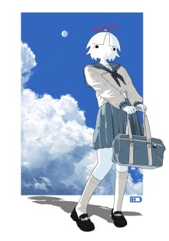 Rule 34 | 1girl, absurdres, ahoge, bag, battery indicator, black sandals, blue bag, blue neckerchief, blue sailor collar, blue skirt, blue sky, border, chewchewer, closed mouth, cloud, commentary, detached ahoge, english commentary, full body, halo, highres, holding, holding bag, looking to the side, microsoft paint (medium), neckerchief, nyan (chewchewer), original, red halo, sailor collar, sandals, school uniform, serafuku, short hair, skirt, sky, socks, solo, sun, white border, white serafuku, white socks