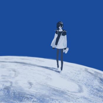 1boy animal_slippers aqua_hair black_hair black_jacket black_shirt blue_eyes blue_sky collarbone dog_slippers ear_cuffs earrings expressionless full_body grey_pants hair_behind_ear hair_over_one_eye highres holding_slippers indigo_(indigo_aoi) jacket jewelry looking_down male_focus mayuzumi_kai mayuzumi_kai_(1st_costume) moon multicolored_jacket nijisanji no_mouth no_nose on_moon open_clothes open_jacket pale_skin pants protected_link shirt short_hair single_sidelock sky sleeves_past_fingers sleeves_past_wrists slippers socks solo space two-tone_jacket unworn_slippers virtual_youtuber walking white_jacket white_socks wind