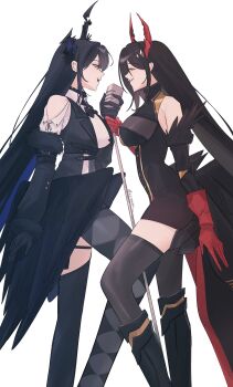 2girls absurdres azur_lane bare_shoulders black_bodysuit black_hair black_wings blue_hair bodysuit breasts commission cowboy_shot crossover elisbian feathered_wings friedrich_der_grosse_(azur_lane) from_side highres holding holding_microphone hololive hololive_english large_breasts low_wings microphone microphone_stand multicolored_hair multiple_girls nerissa_ravencroft profile shirt simple_background skeb_commission two-tone_hair virtual_youtuber white_background white_shirt wings