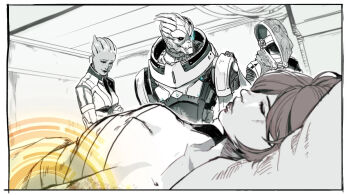 alien asari_(mass_effect) bandages_around_chest bed breasts commander_shepard commander_shepard_(female) couple garrus_vakarian hospital hospital_bed image_sample liara_t'soni mass_effect_(series) medium_breasts omnitool pixiv pixiv_sample quarian sad sleeping tali'zorah turian unconscious wei