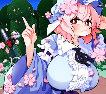 2girls :3 black_bow black_bowtie black_hairband black_ribbon blue_hat blue_kimono blue_sky blush bow bowtie breasts bright_pupils brown_gloves chainsaw cherry_blossoms collared_shirt commentary day falling_petals frilled_kimono frilled_skirt frills gloves gram_9 green_eyes green_skirt green_vest grey_hair hairband hat hedge highres huge_breasts japanese_clothes kimono konpaku_youmu long_sleeves looking_at_viewer mob_cap multiple_girls neck_ribbon petals phallic_symbol pink_hair pink_petals red_eyes ribbon saigyouji_yuyuko shirt skirt skirt_set sky sleeve_garter socks solo_focus topiary touhou triangular_headpiece vest white_pupils white_shirt white_socks wide_sleeves