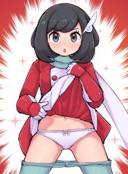 Rule 34 | 1girl, :o, black hair, blush, clothes pull, coat, coat lift, commentary request, cowboy shot, creatures (company), eyelashes, game freak, gloves, green pants, green scarf, grey eyes, hair ornament, highres, kutabireta neko, legs apart, lifted by self, looking at viewer, medium hair, nintendo, official alternate costume, open mouth, panties, pants, pants pull, pokemon, pokemon masters ex, red coat, red gloves, scarf, selene (pokemon), selene (special costume) (pokemon), solo, sparkle, underwear