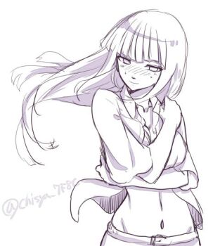 1girl arm_under_breasts blush breasts cleavage commentary_request enda_chisya greyscale hip_bones hyuuga_hinata long_hair medium_breasts midair monochrome naruto_(series) naruto_shippuuden navel partially_unbuttoned solo sweat upper_body